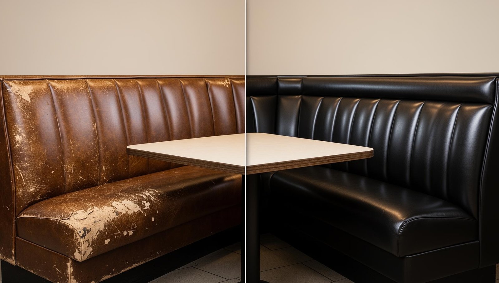 Commercial booth seating before and after reupholstery
